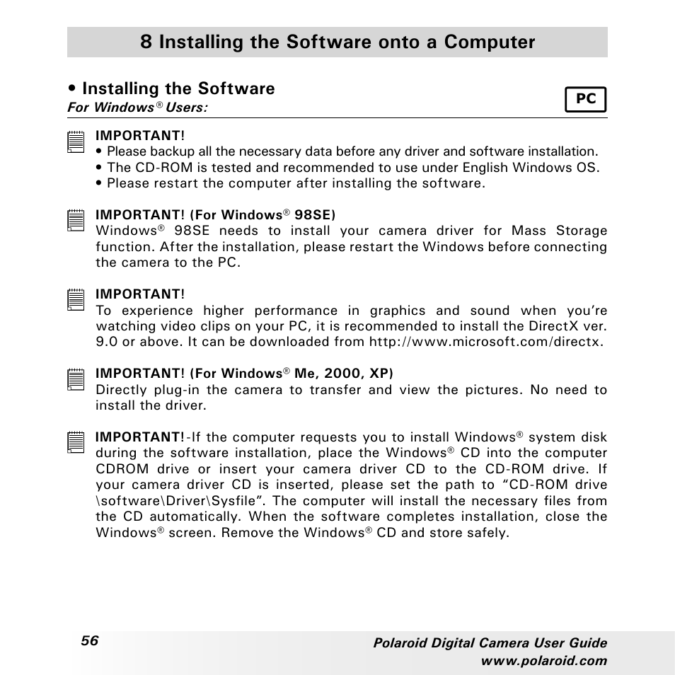 8 installing the software onto a computer, Installing the software | Polaroid a310 User Manual | Page 56 / 78