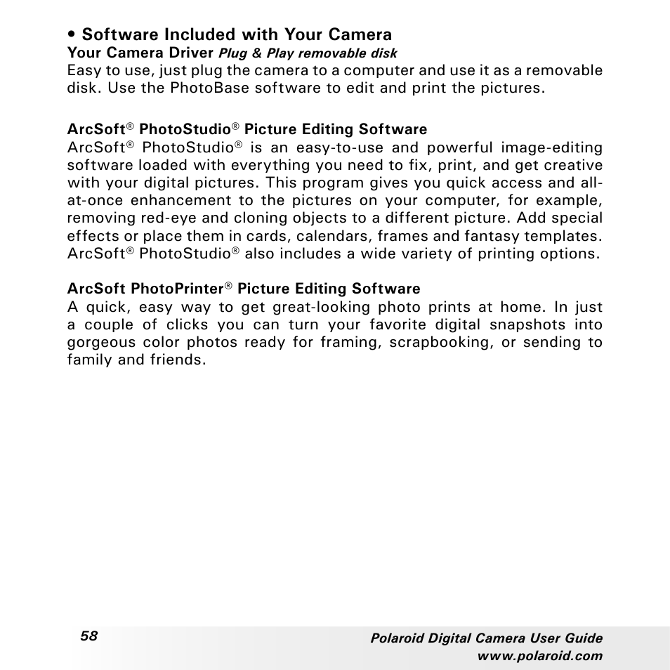 Software included with your camera | Polaroid a310 User Manual | Page 58 / 78