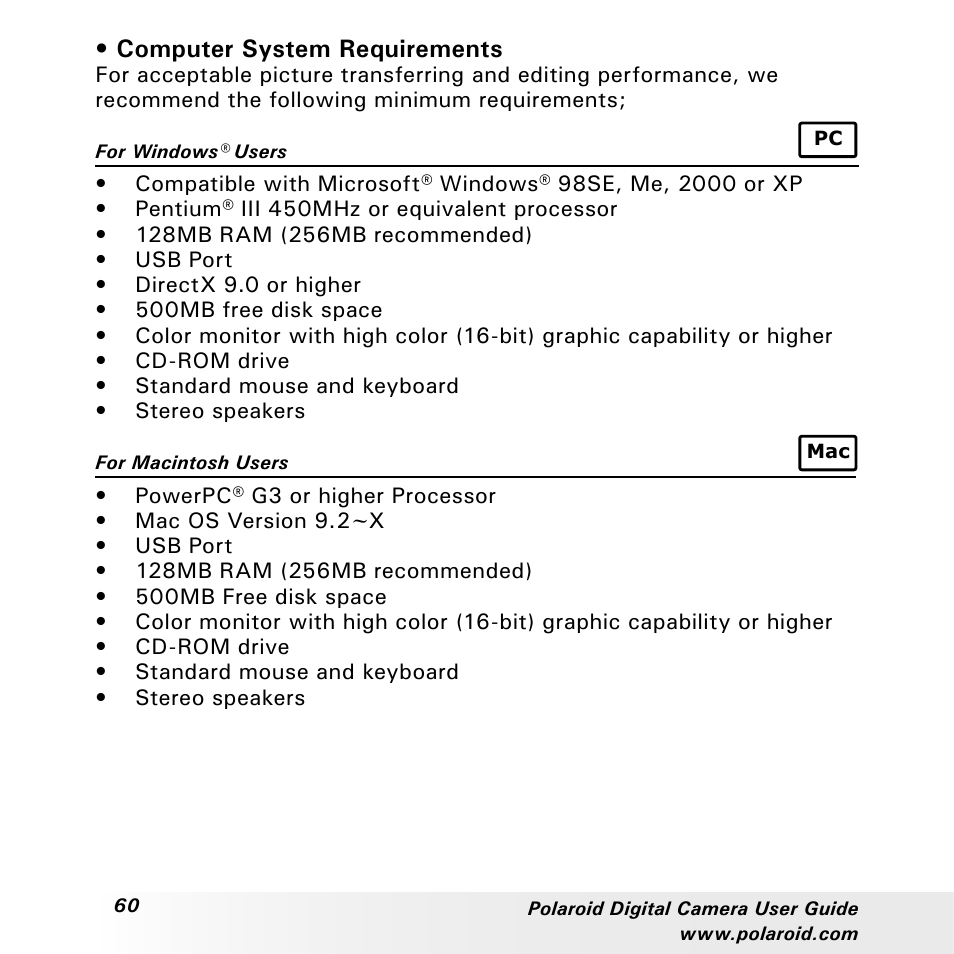 Computer system requirements | Polaroid a310 User Manual | Page 60 / 78