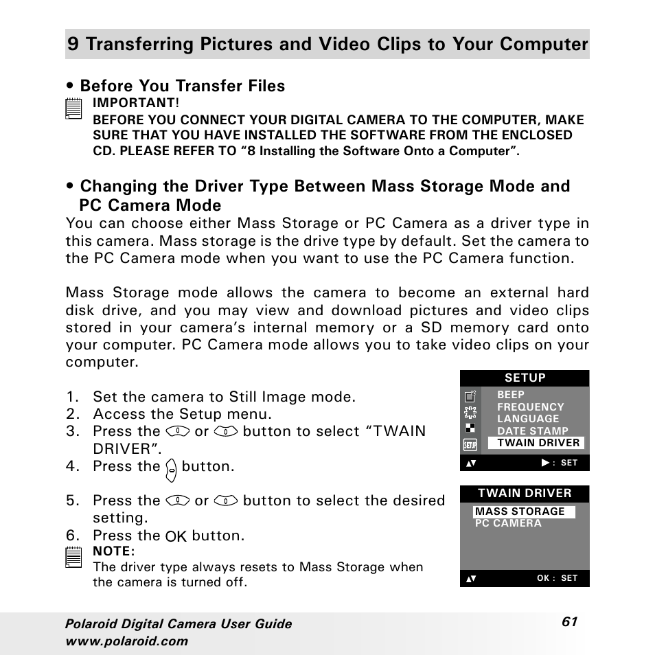 Before you transfer files | Polaroid a310 User Manual | Page 61 / 78