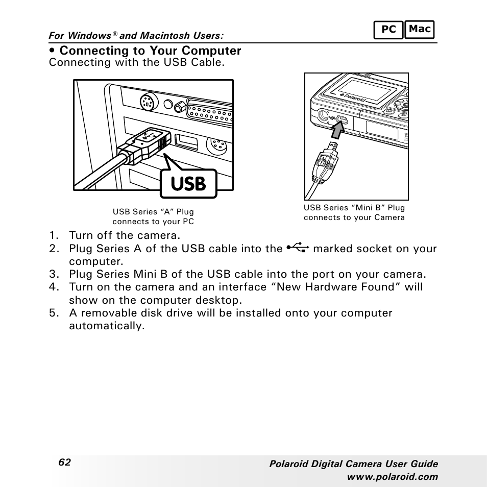 Connecting to your computer | Polaroid a310 User Manual | Page 62 / 78