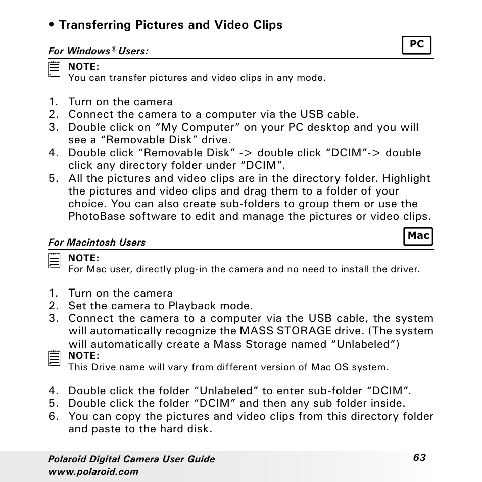 Transferring pictures and video clips | Polaroid a310 User Manual | Page 63 / 78