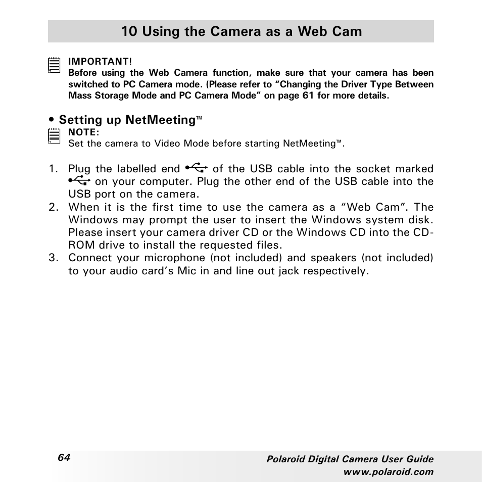 10 using the camera as a web cam, Setting up netmeeting | Polaroid a310 User Manual | Page 64 / 78