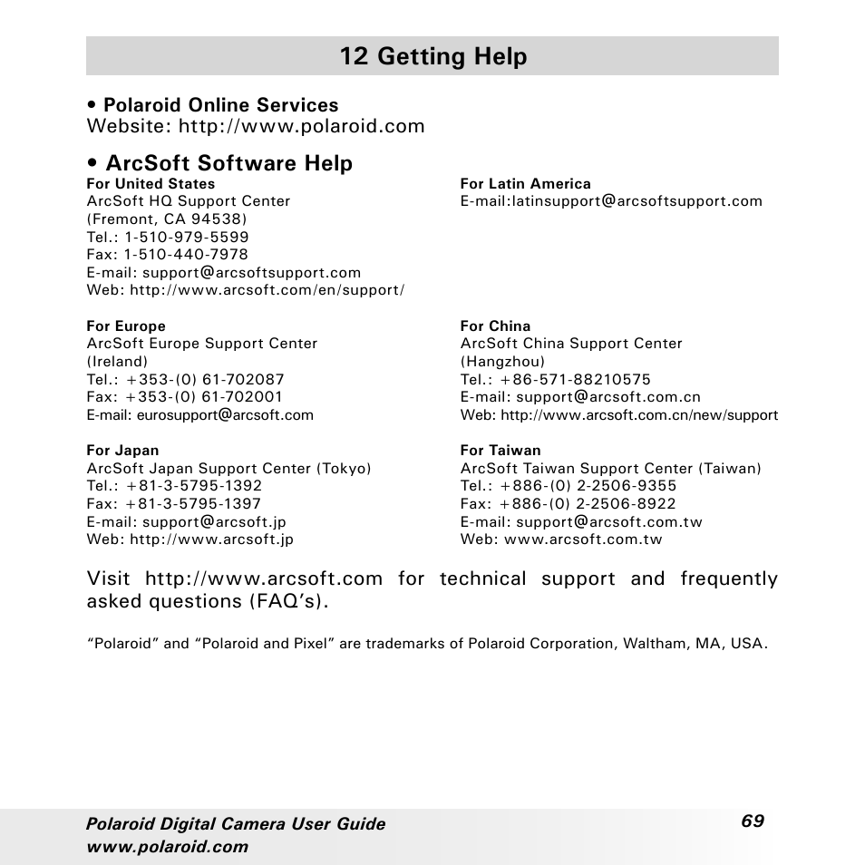 12 getting help, Arcsoft software help | Polaroid a310 User Manual | Page 69 / 78