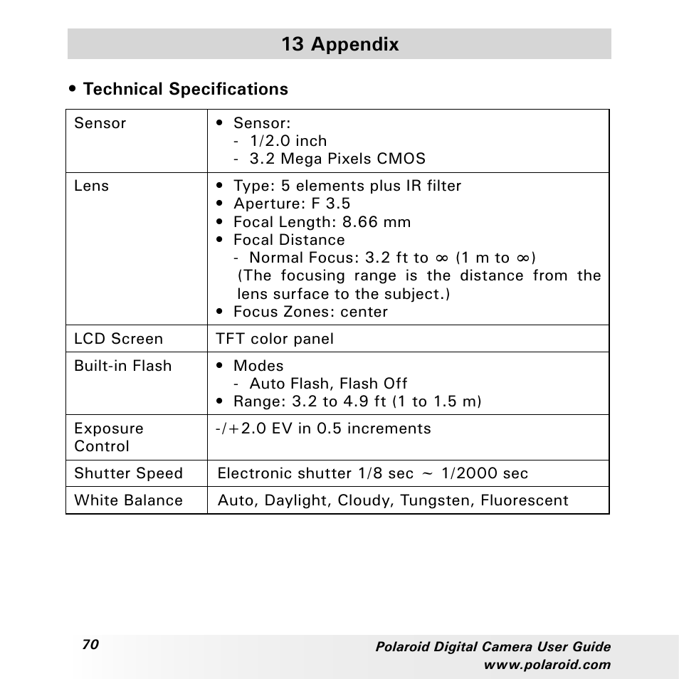 13 appendix | Polaroid a310 User Manual | Page 70 / 78