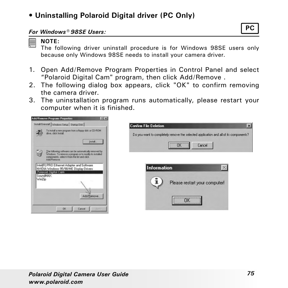Uninstalling polaroid digital driver (pc only) | Polaroid a310 User Manual | Page 75 / 78