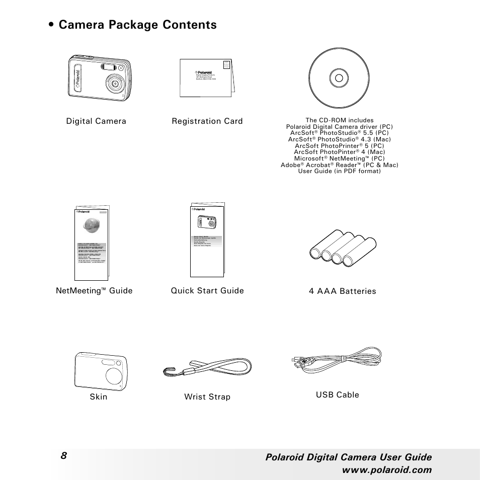 Camera package contents, Registration card, Quick start guide skin | Netmeeting™ guide, Po la ro id digital ca m er a, Netmeeting | Polaroid a310 User Manual | Page 8 / 78