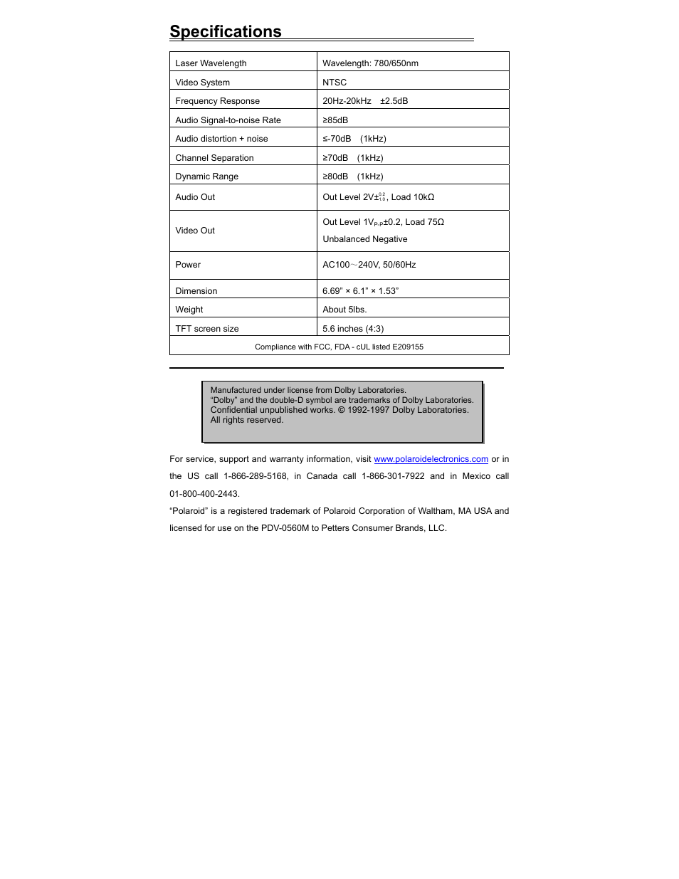 Specifications | Polaroid PDV-0560M User Manual | Page 33 / 33