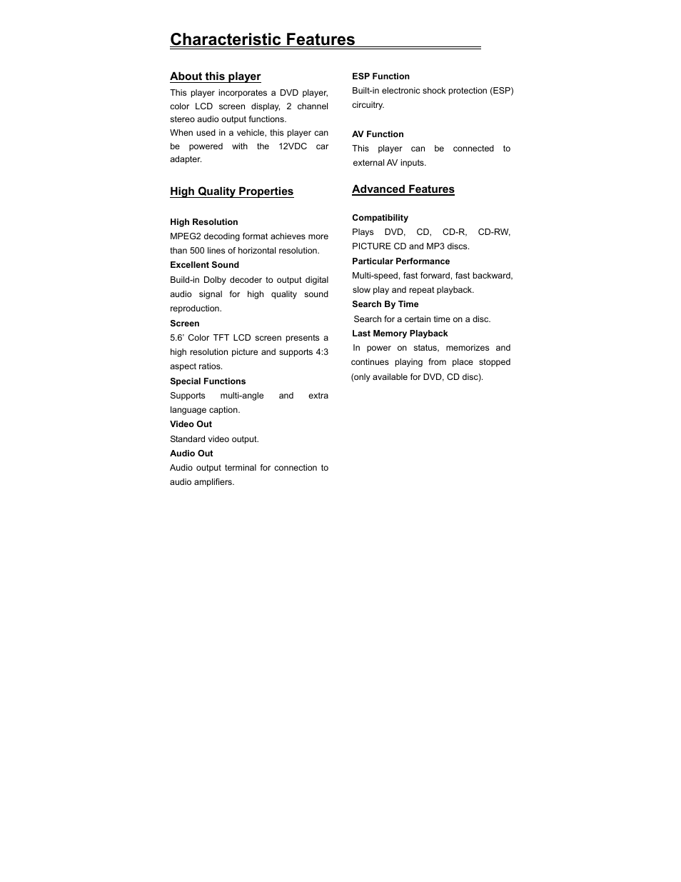 Characteristic features | Polaroid PDV-0560M User Manual | Page 5 / 33