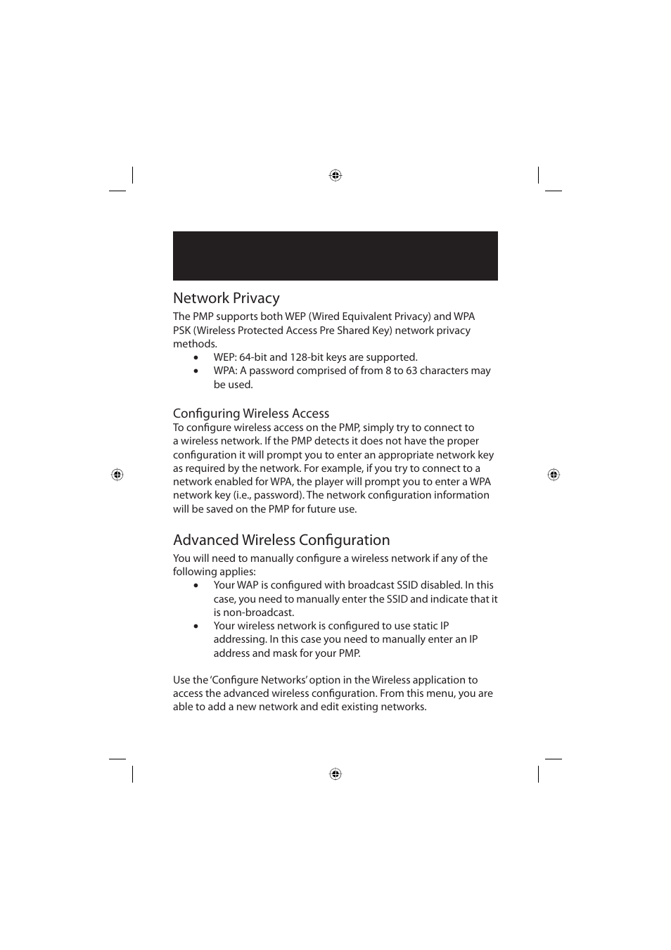 Wireless operation, Network privacy, Advanced wireless confi guration | Polaroid Freescape 20071016 User Manual | Page 25 / 57