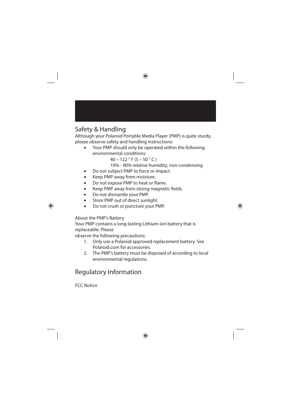 Safety & regulatory notice, Safety & handling, Regulatory information | Polaroid Freescape 20071016 User Manual | Page 5 / 57