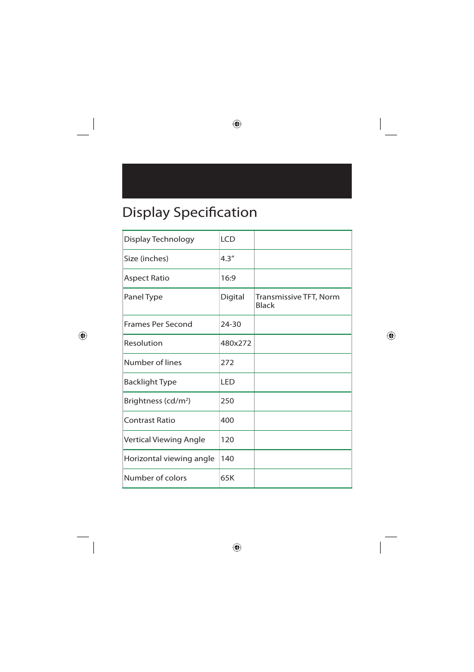 Display specifi cation, Technical specifi cations | Polaroid Freescape 20071016 User Manual | Page 51 / 57