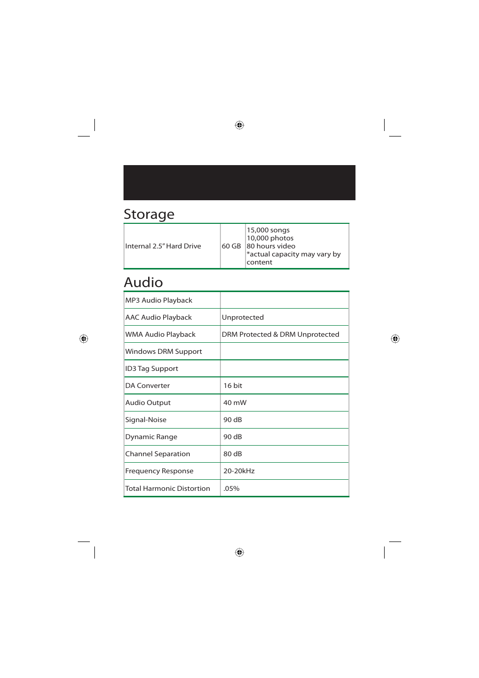 Storage, Audio, Technical specifi cations | Polaroid Freescape 20071016 User Manual | Page 52 / 57