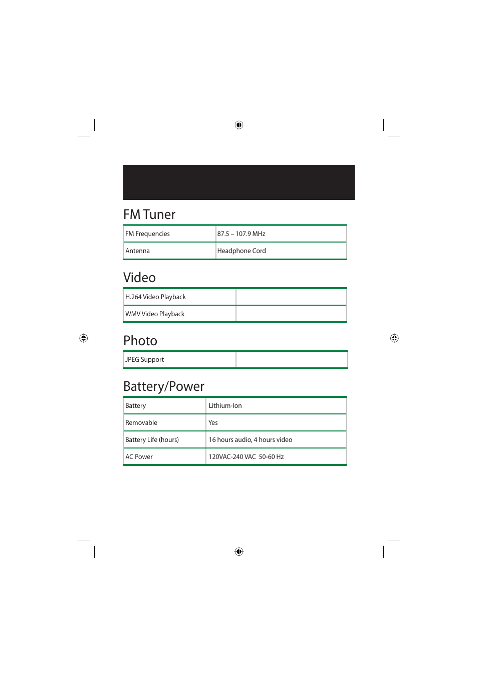 Fm tuner, Video, Photo | Battery/power, Technical specifi cations | Polaroid Freescape 20071016 User Manual | Page 53 / 57