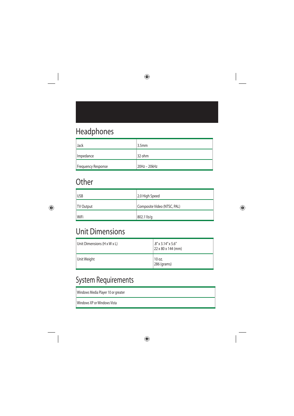 Headphones, Other, Unit dimensions | System requirements, Technical specifi cations | Polaroid Freescape 20071016 User Manual | Page 54 / 57