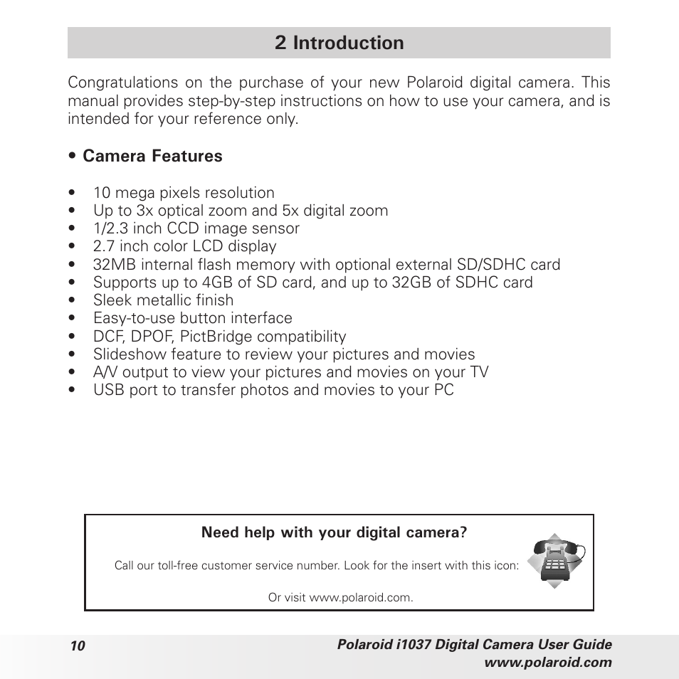 2 introduction, Camera features | Polaroid i1037 User Manual | Page 10 / 93