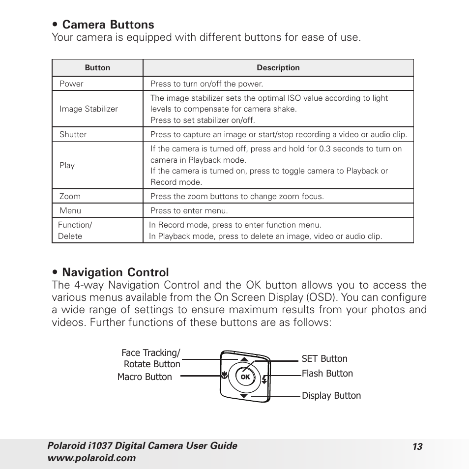Camera buttons, Navigation control | Polaroid i1037 User Manual | Page 13 / 93