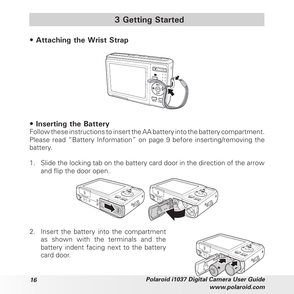 3 getting started, Attaching the wrist strap, Inserting the battery | Polaroid i1037 User Manual | Page 16 / 93