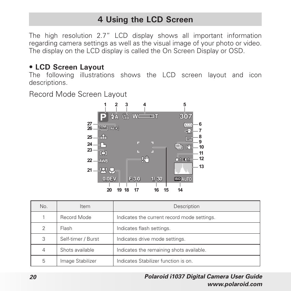 4 using the lcd screen, Lcd screen layout, Record mode screen layout | Polaroid i1037 User Manual | Page 20 / 93
