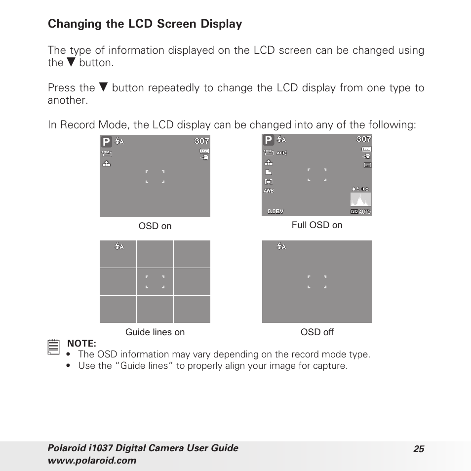 Changing the lcd screen display, Button. press the | Polaroid i1037 User Manual | Page 25 / 93