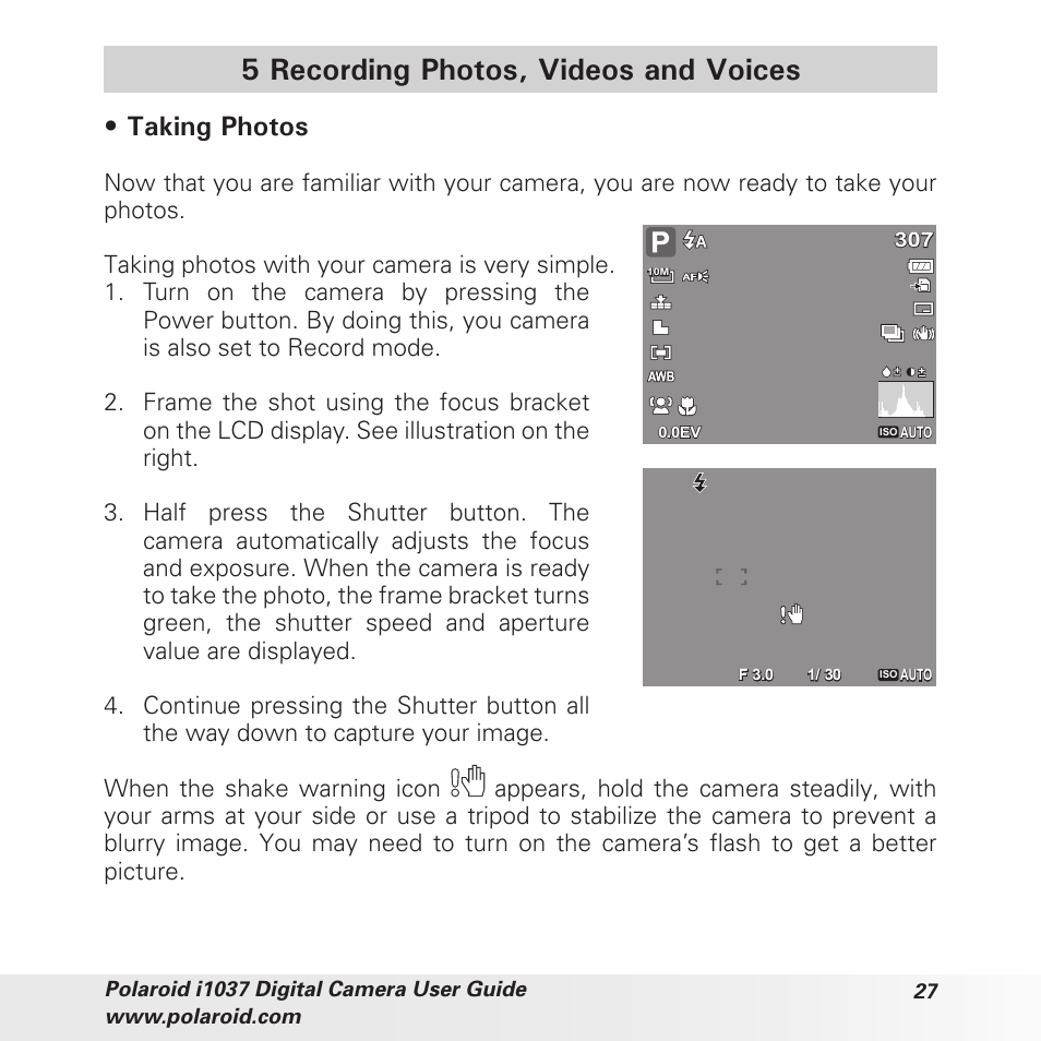 5 recording photos, videos and voices, Taking photos | Polaroid i1037 User Manual | Page 27 / 93