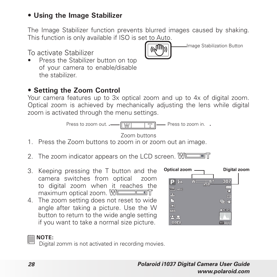 Using the image stabilizer, Setting the zoom control | Polaroid i1037 User Manual | Page 28 / 93