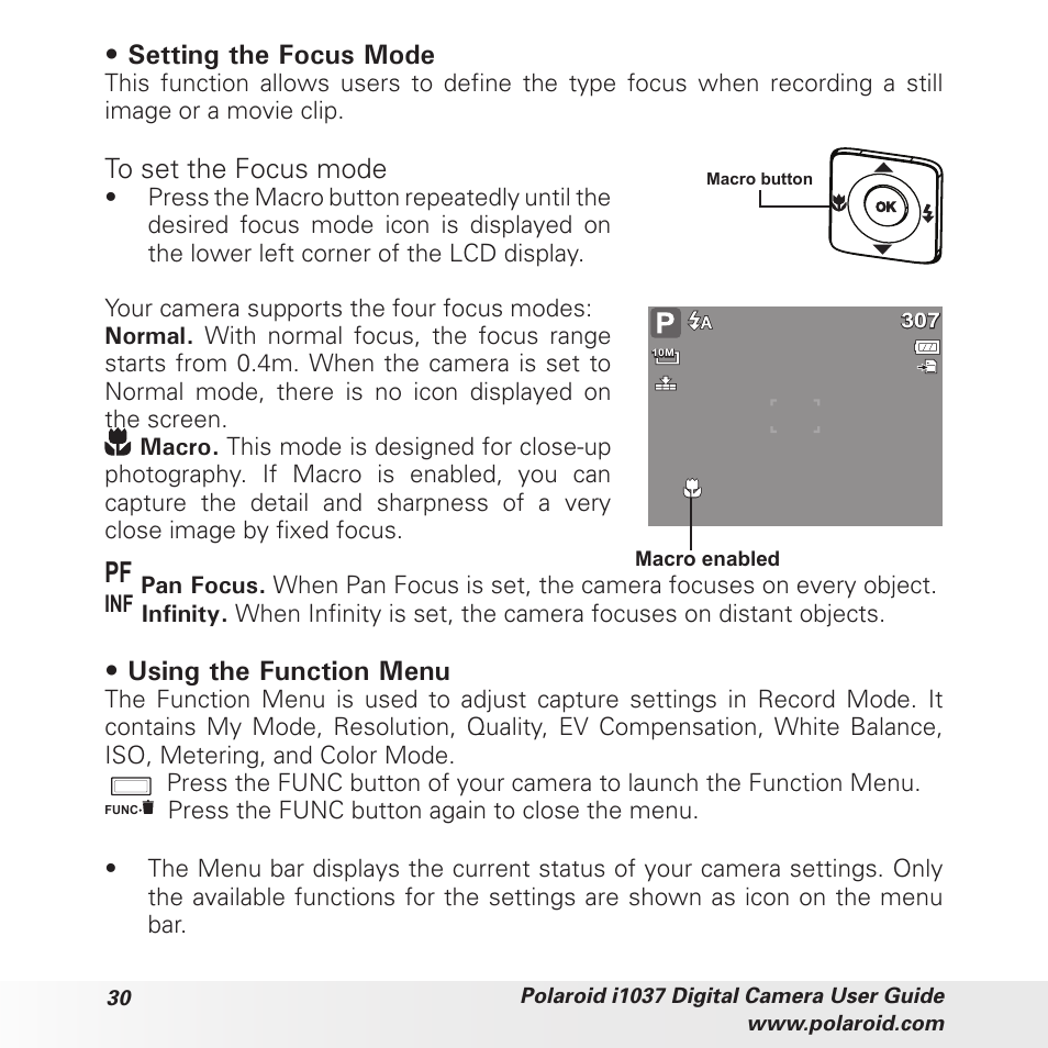 Setting the focus mode, Using the function menu | Polaroid i1037 User Manual | Page 30 / 93