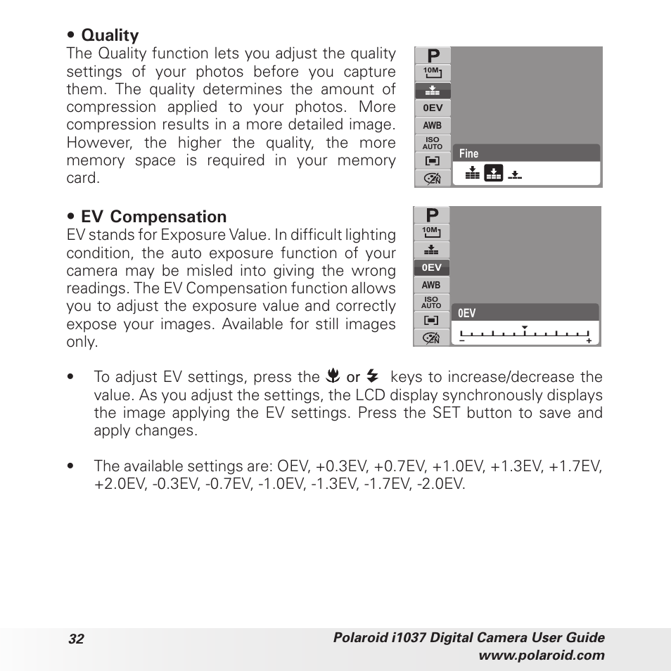 Quality, Ev compensation | Polaroid i1037 User Manual | Page 32 / 93