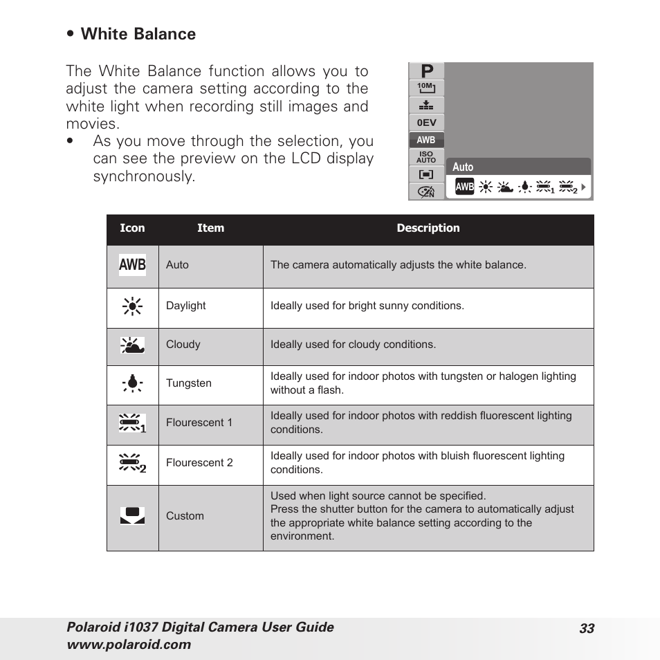 White balance | Polaroid i1037 User Manual | Page 33 / 93