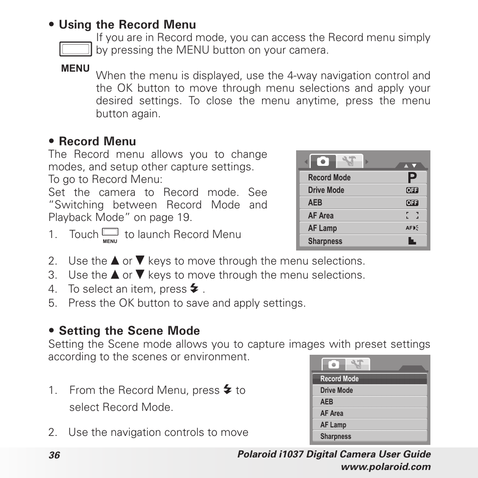 Using the record menu, Record menu, Setting the scene mode | Polaroid i1037 User Manual | Page 36 / 93
