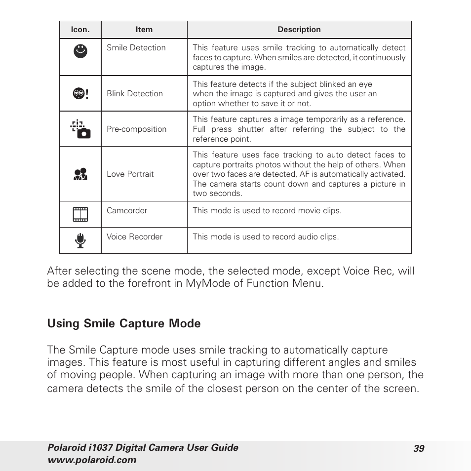 Using smile capture mode | Polaroid i1037 User Manual | Page 39 / 93