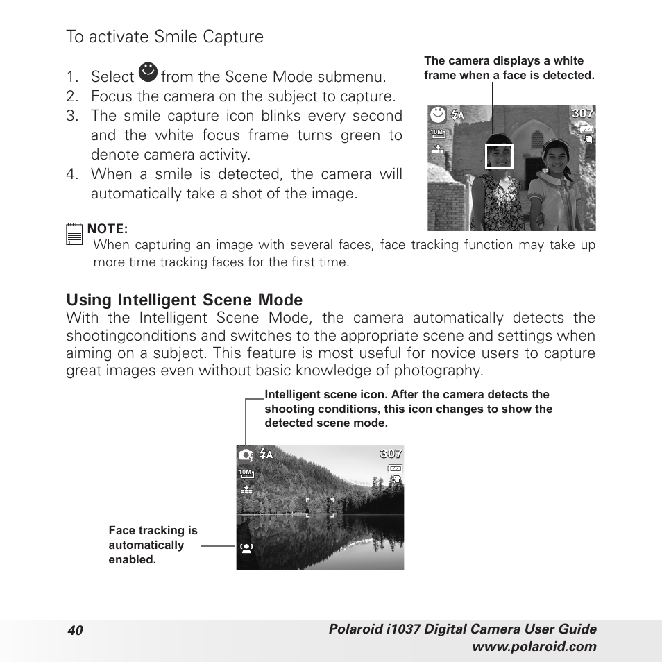 Using intelligent scene mode | Polaroid i1037 User Manual | Page 40 / 93