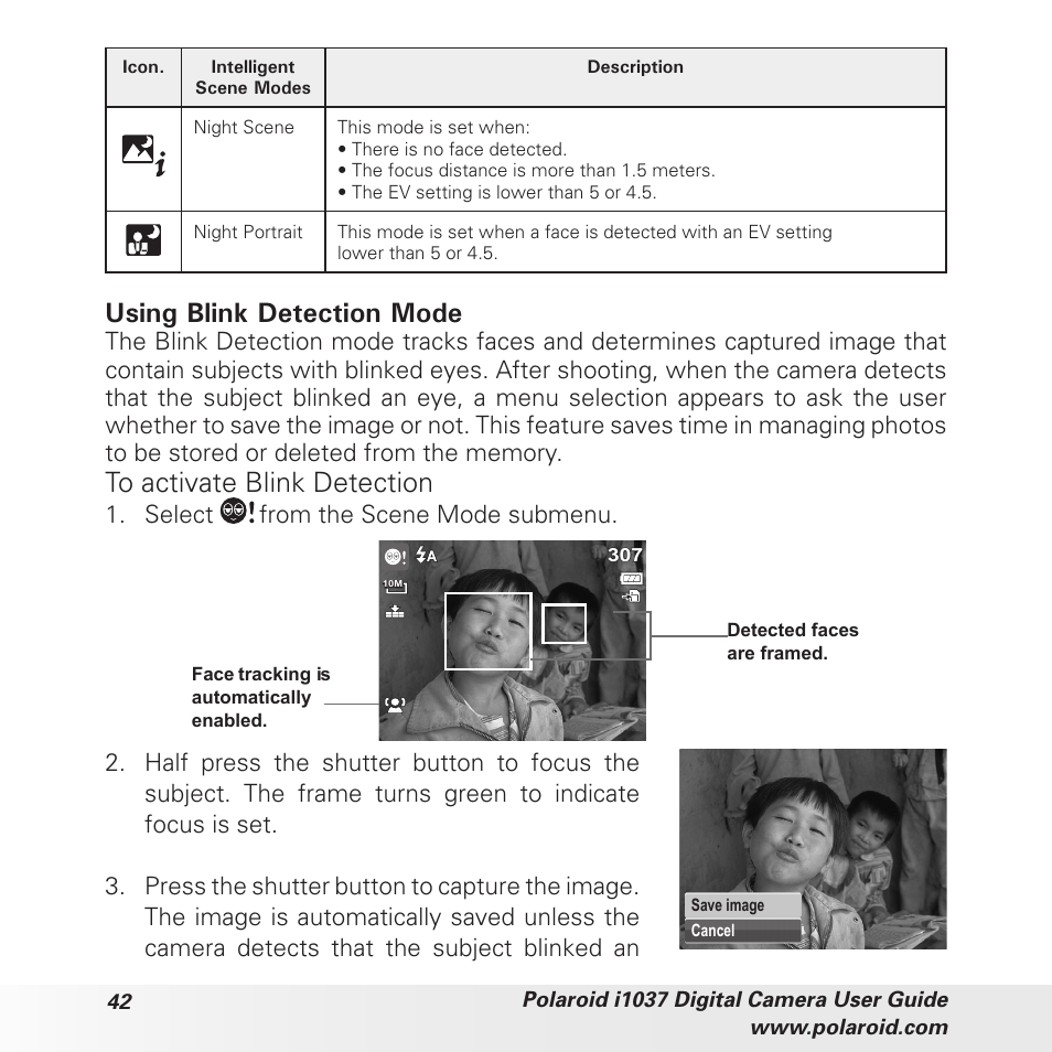 Using blink detection mode, Select | Polaroid i1037 User Manual | Page 42 / 93