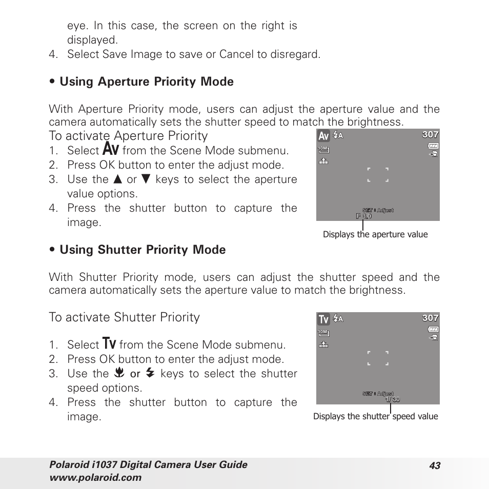 Using aperture priority mode, Using shutter priority mode | Polaroid i1037 User Manual | Page 43 / 93