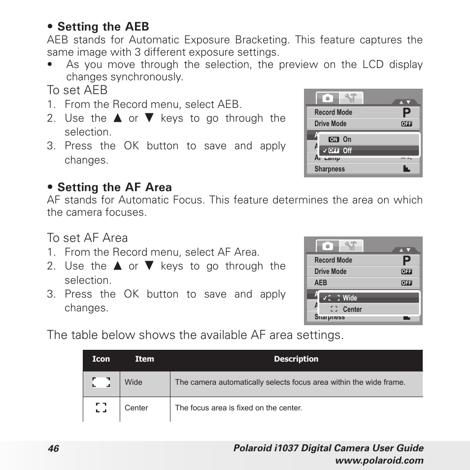 Setting the aeb, Setting the af area | Polaroid i1037 User Manual | Page 46 / 93