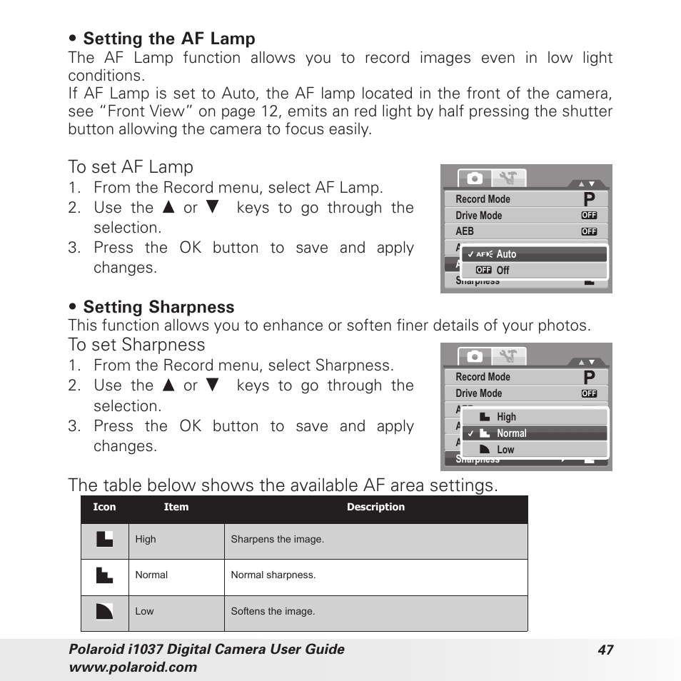 Setting the af lamp, Setting sharpness | Polaroid i1037 User Manual | Page 47 / 93