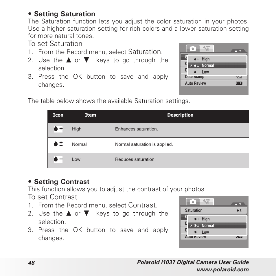 Setting saturation, Saturation, Setting contrast | Contrast | Polaroid i1037 User Manual | Page 48 / 93