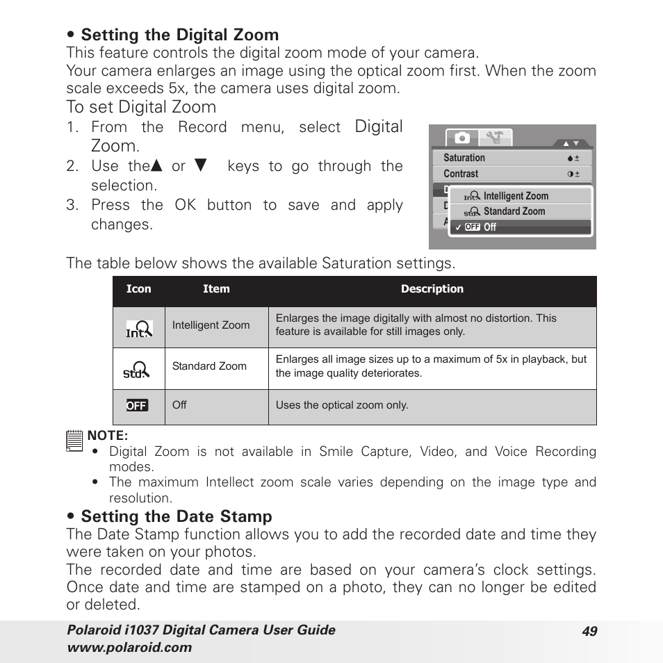 Setting the digital zoom, Digital zoom, Setting the date stamp | Polaroid i1037 User Manual | Page 49 / 93