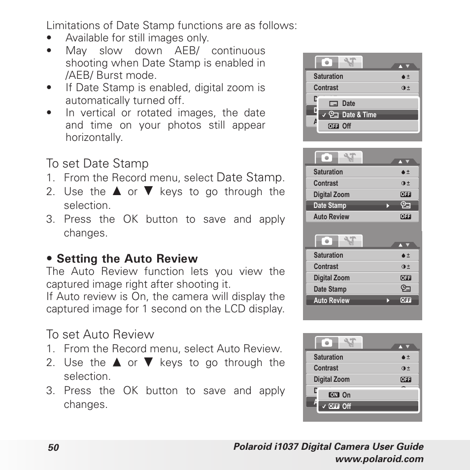 Date stamp, Setting the auto review, Use the or | Polaroid i1037 User Manual | Page 50 / 93