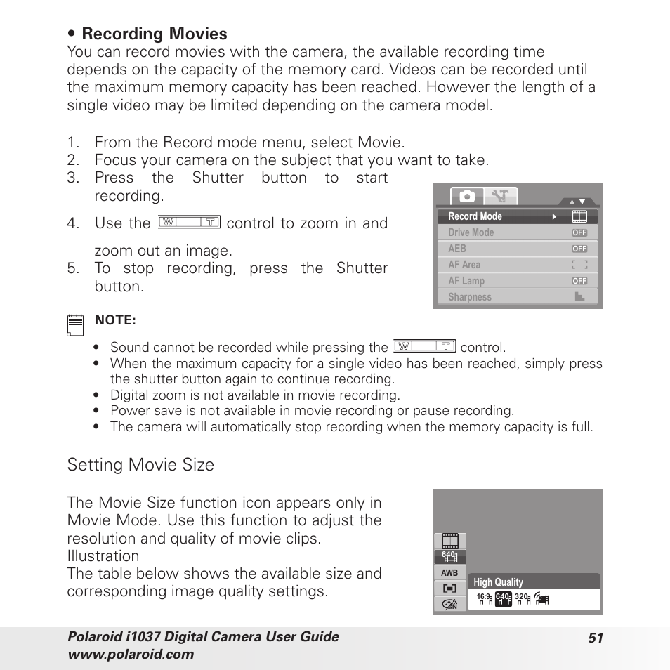 Recording movies, Setting movie size | Polaroid i1037 User Manual | Page 51 / 93