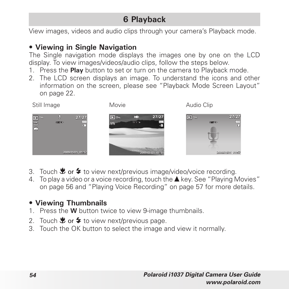 6 playback, Viewing in single navigation, Viewing thumbnails | Still image movie audio clip | Polaroid i1037 User Manual | Page 54 / 93