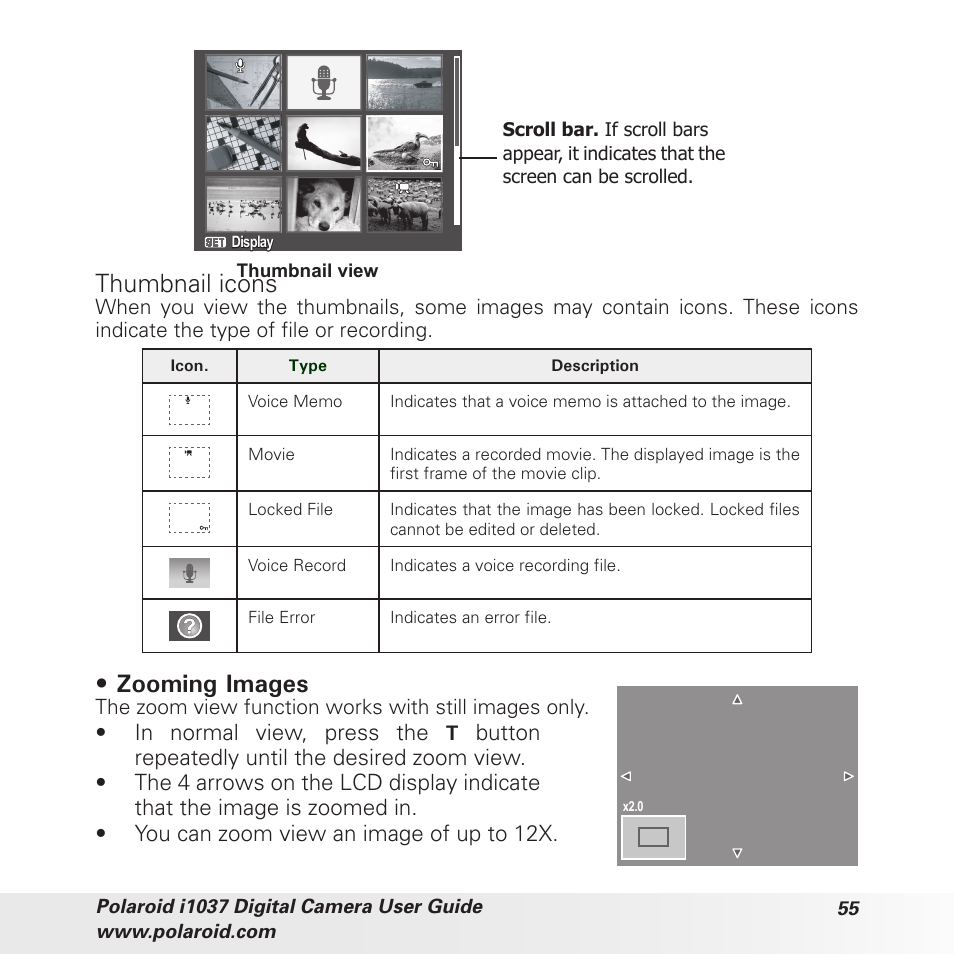 Thumbnail icons, Zooming images | Polaroid i1037 User Manual | Page 55 / 93