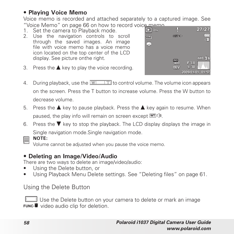 Deleting an image/video/audio, Using the delete button | Polaroid i1037 User Manual | Page 58 / 93