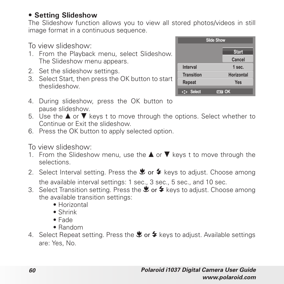 Setting slideshow | Polaroid i1037 User Manual | Page 60 / 93