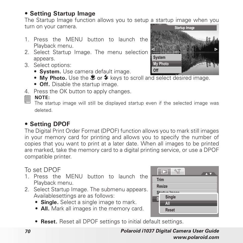 Setting startup image, Setting dpof | Polaroid i1037 User Manual | Page 70 / 93