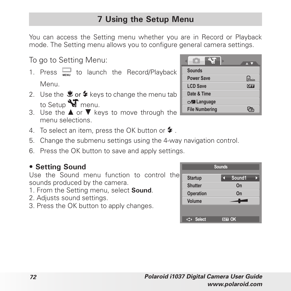 7 using the setup menu, Setting sound | Polaroid i1037 User Manual | Page 72 / 93