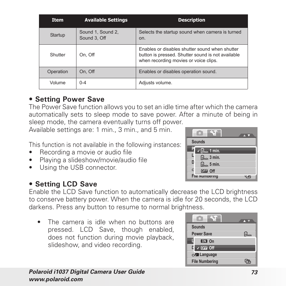Setting power save, Setting lcd save | Polaroid i1037 User Manual | Page 73 / 93