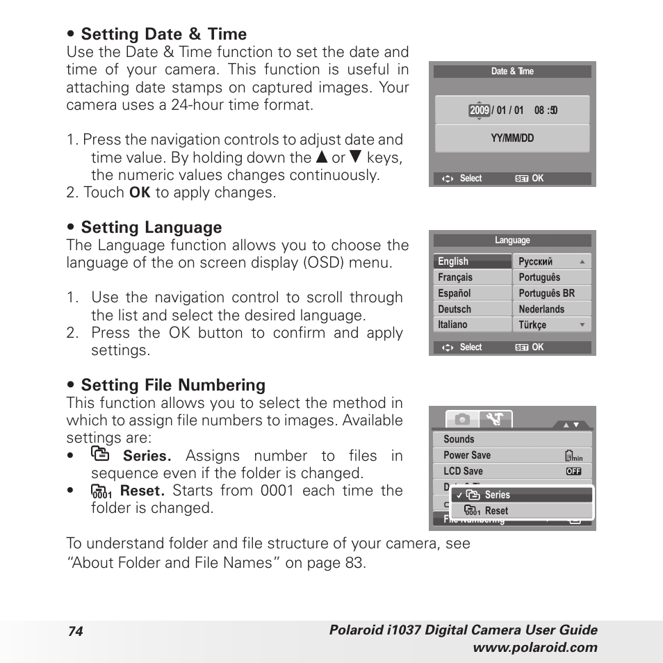 Setting date & time, Setting language, Setting file numbering | Polaroid i1037 User Manual | Page 74 / 93