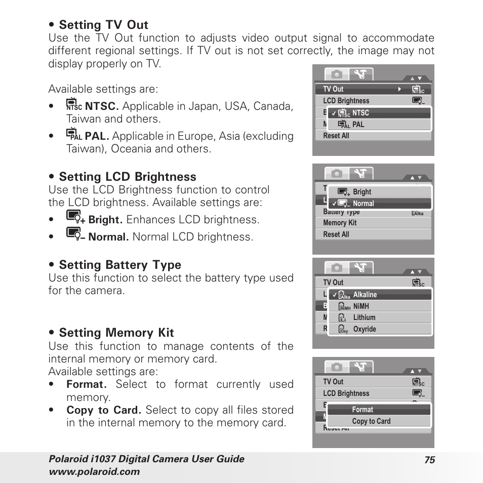 Setting tv out, Setting lcd brightness, Setting battery type | Available settings are | Polaroid i1037 User Manual | Page 75 / 93