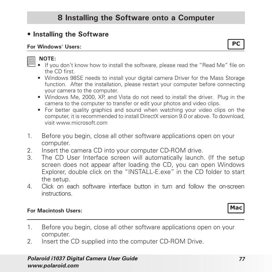 8 installing the software onto a computer, Installing the software | Polaroid i1037 User Manual | Page 77 / 93